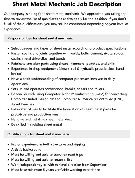 sheet metal fabricator job description|sheet metal mechanic job duties.